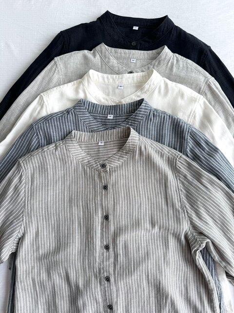 Japanese Order Spring and Autumn New Product Simple Retro Collarless Striped Double-Layer Gauze Solid Color Women's Shirt Long-Sleeved Blouse