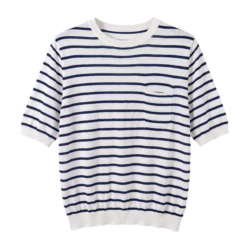【F·J】Knitted Mulberry Silk Women's Striped Short-Sleeved T-Shirt Simple Everyday Round-Neck Top Dh26004