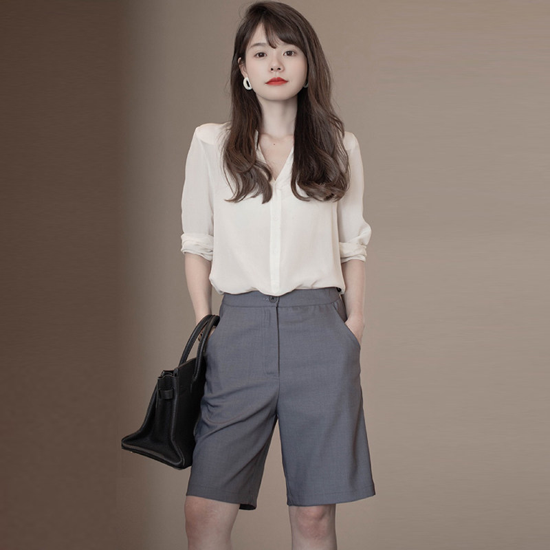 Small Sub-Port Taste Grey Suit Shorts Slim slim 50% Pants Straight Barrel Pants Women Summer 50% Pants High Waist