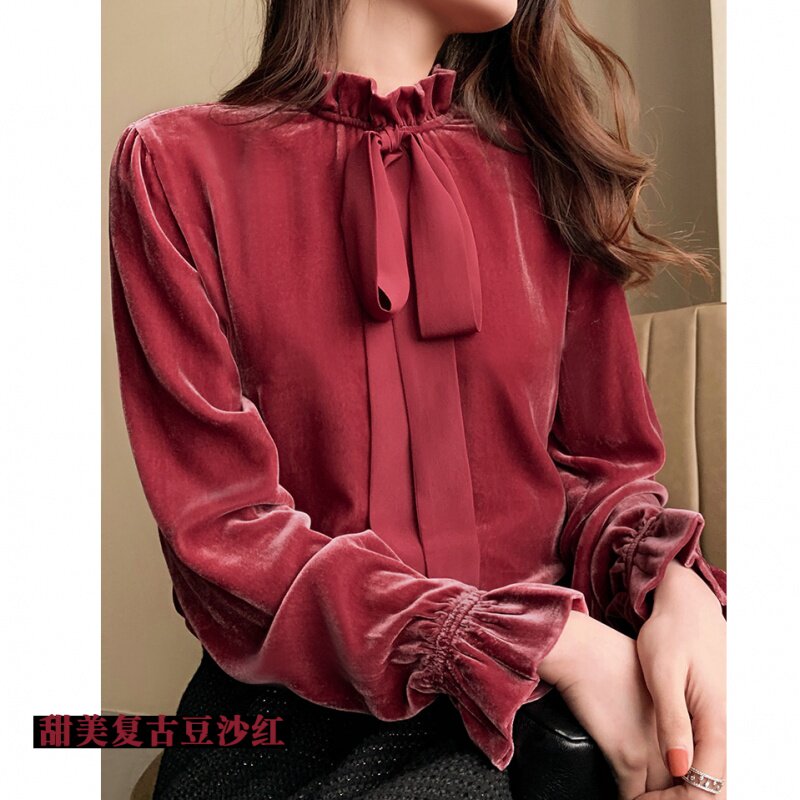 Wooden ear edge playful vintage silk gold velvet streamer shirt top Long sleeve shirt women's spring and autumn thin section