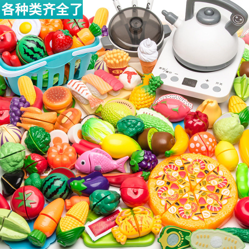 Children play a family wine toy kitchen girl vegetables cut baby cut fruit boy cake cut music combination