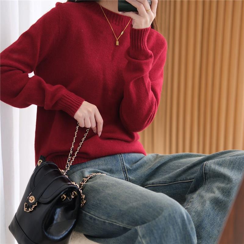 Angora Red 100% Pure Wool Sweater for Women, Stylish Saddle Shoulder Design, High-End Ready-To-Wear Round Neck Knit Top