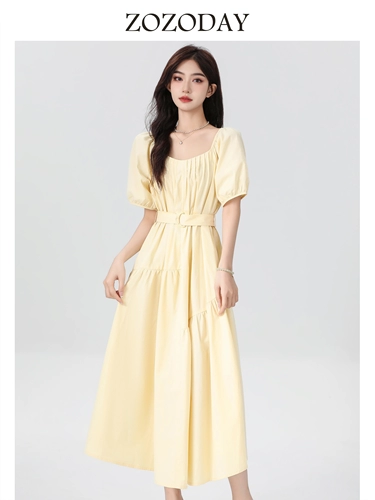 Желтое летнее платье, корсет, длинная длинная юбка, французский стиль, квадратный вырез, рукава фонарики, А-силуэт