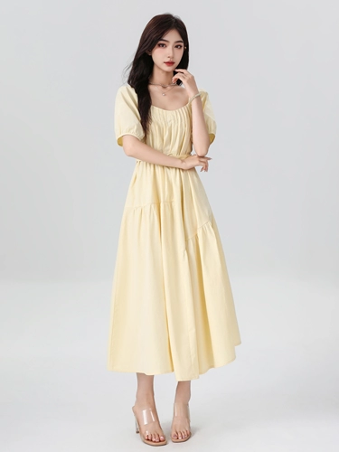 Желтое летнее платье, корсет, длинная длинная юбка, французский стиль, квадратный вырез, рукава фонарики, А-силуэт