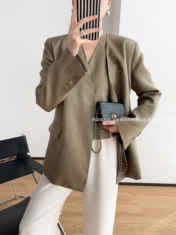 Tribute to Vintage Her*Mes French Imported Rain Dew Linen Collarless Silhouette Blazer, Liquid Ammonia Anti-Wrinkle