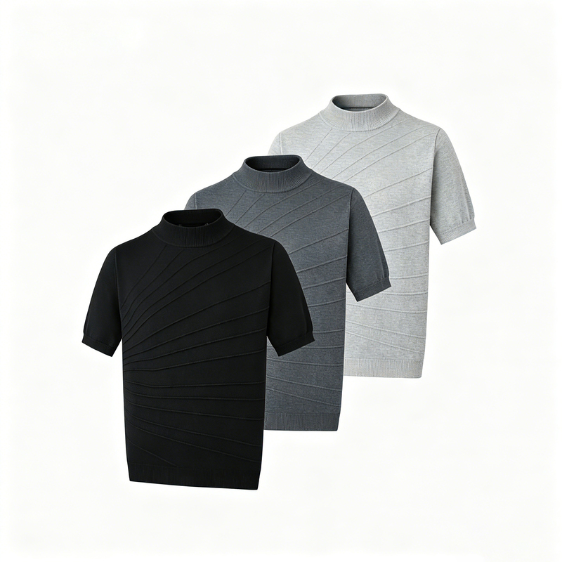 Mountain Tree Loose Jacquard Sculpture Breathable Mid-Neck Knitwear Wool Short-Sleeve T-Shirt Summer Solid Color Comfortable