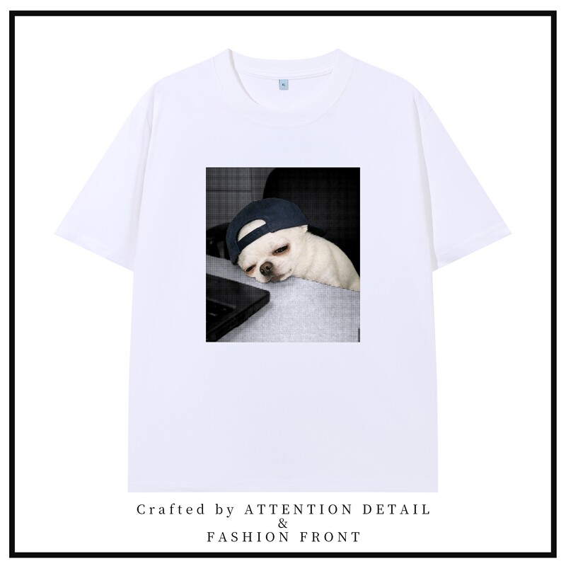 Tired Cow and Horse Chihuahua Fun and Creative Pet Print Loose Heavyweight Pure Cotton Trendy Short Sleeve T-Shirt