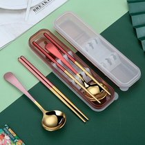 Chopsticks spoon set 304 stainless steel three-piece set cute portable single student take-out tableware storage box