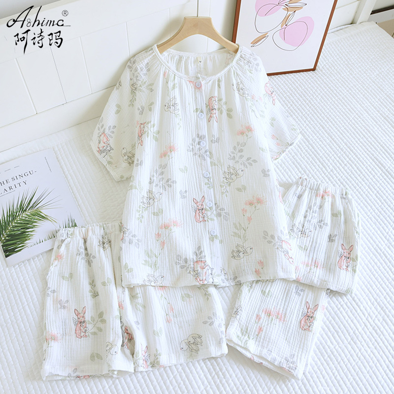 Pure Cotton Gauze Pajamas for Women, Summer Three-Piece Set, Pastoral Style, Cartoon Fresh Floral Short-Sleeved Summer Thin Home Clothes Pure Cotton Gauze Pajamas for Women, Summer Three-Piece Set, Pastoral Style, Cartoon Fresh Floral Short-Sleeved Summer Thin Home Clothes