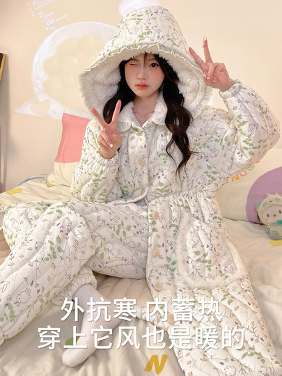 Three-Layer Quilted Nightgown for Women, 2025 New Winter Style, Fleece-Lined and Thickened, Cute Cartoon Home Pajamas, Long Robe for Autumn and Winter
