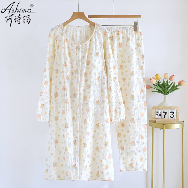 Pure Cotton Gauze Maternity Dress and Nursing Nightgown Two-Piece Set for Spring and Summer, Thin Style for Delivery Room, with Chest Pads
