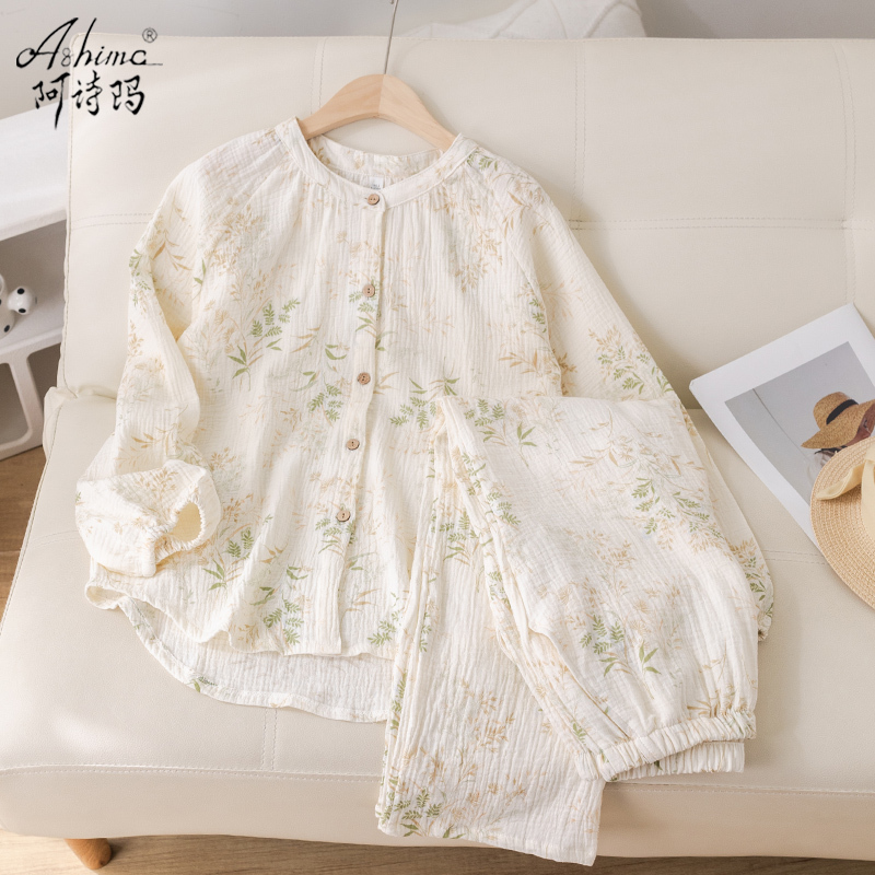 Class a Double-Layer Pure Cotton Gauze Pajamas for Women, New Chinese Style for Autumn and Spring, 100% Cotton Linen Fabric, Summer Home Wear Set Class a Double-Layer Pure Cotton Gauze Pajamas for Women, New Chinese Style for Autumn and Spring, 100% Cotton Linen Fabric, Summer Home Wear Set