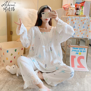 孕妇睡衣夏季薄款春秋纯棉纱布月子服夏天产后7月份9哺乳家居服女