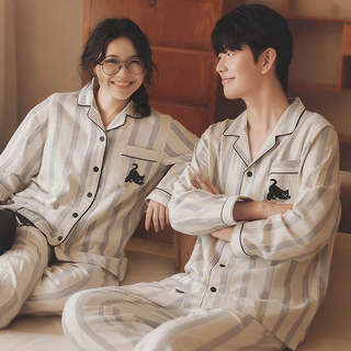春秋季情侣睡衣纯棉磨毛长袖简约条纹一男一女冬天新款家居服套装