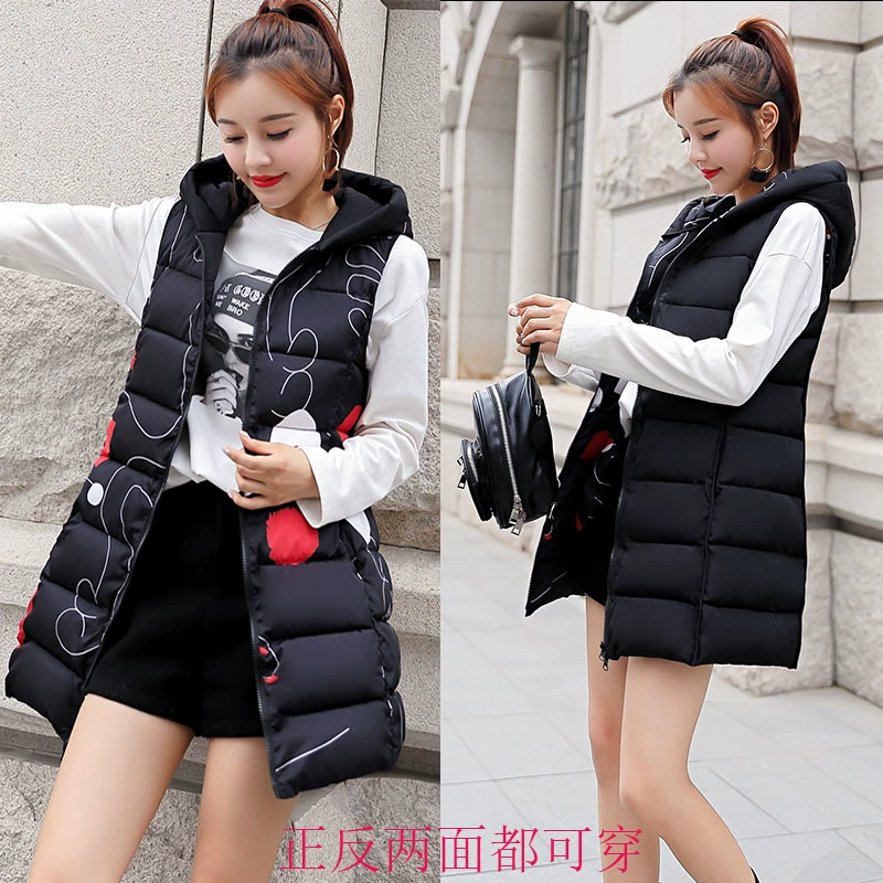 Cả hai bên mặc áo ghi lê cotton dài giữa mùa đông trang trí cơ thể là hoa mỏng eo eo dày áo khoác cotton áo khoác vest - Áo vest