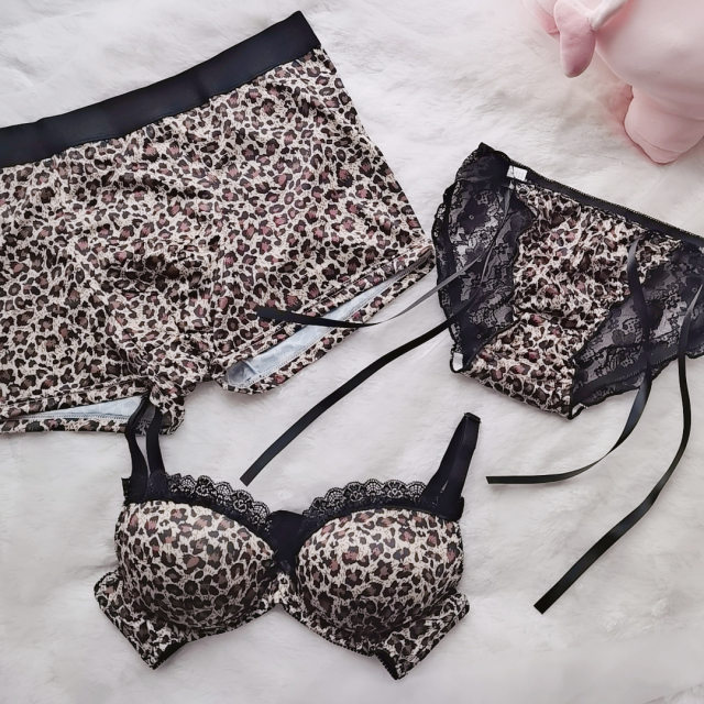 Leopard Print Couple Underwear Set Three-piece Sexy Thin Sports Band Bra No Wires Ice Bra