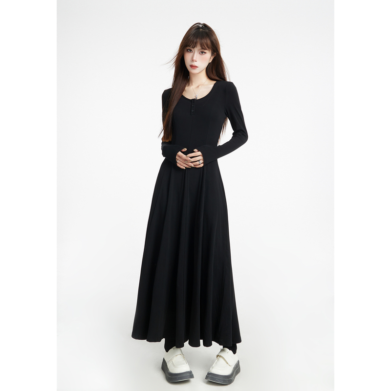 Black Dress for Women, Long Draped Knit Dress, Elegant Base Dress with a Large Hem, Inner Dress, Little Black Dress