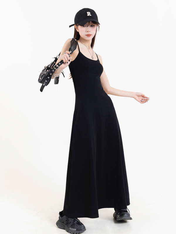 Black Spaghetti Strap Dress for Women 2026 Summer Slim Little Black Dress Sleeveless Base Dress French Long Dress Slimming Dress