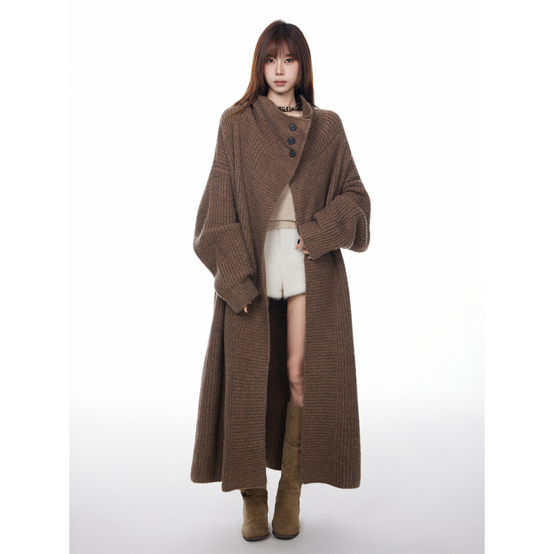 Korean Style Large Lapel Long Wool Knit Cardigan 2026 Spring and Autumn New Loose Niche Unique Sweater Coat