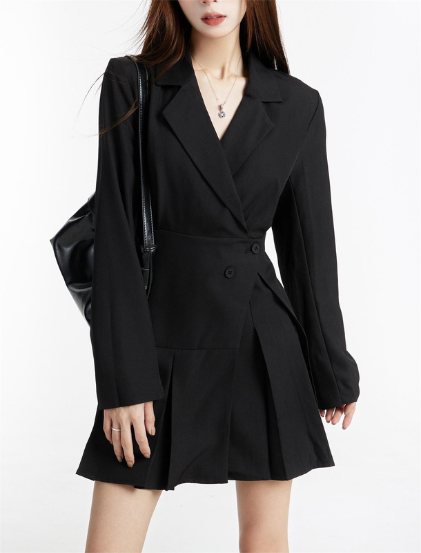 2026 Spring New Design Black Suit Dress for Women Korean Style Waist-Cinching Pleated Skirt A-Line Short Skirt Suit Dress
