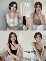 Thin navel camisole vest threaded elastic cotton oblique shoulder strap with chest pad Joker short knitted inner top