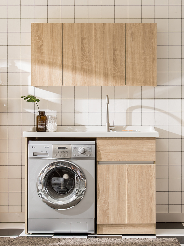 Balcony solid wood laundry cabinet combination Nordic washing machine cabinet companion with washboard high and low integrated small bathroom cabinet