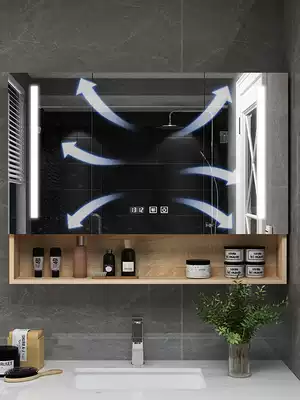 Smart anti-fog bathroom mirror cabinet Wall-mounted Nordic solid wood mirror box Mirror cabinet with light powder room mirror with shelf
