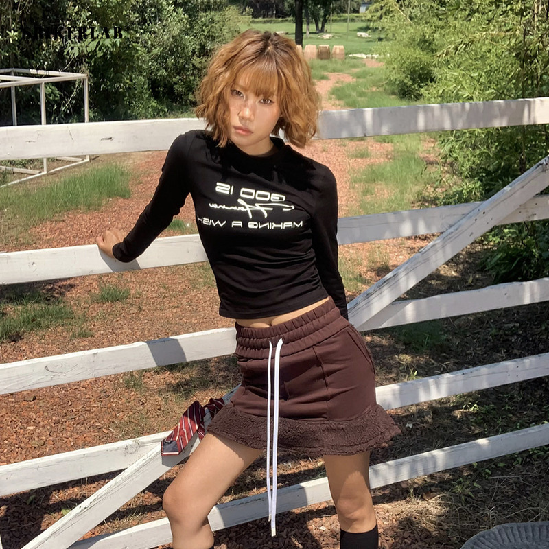 Srikerlab American Retro Style Slogan Print Sweet and Cool Spicy Girl Tight-Fitting High-Elastic Top Long-Sleeve T-Shirt