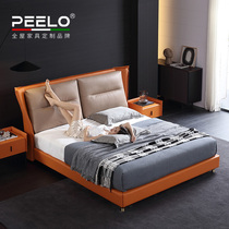 Italian light luxury bed high-end master bedroom modern simple orange wedding bed double 2 meters 2 2 meters big bed minimalist real leather bed