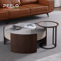 Bright rock board coffee table size round combination walnut color high and low storage tea table modern simple coffee table