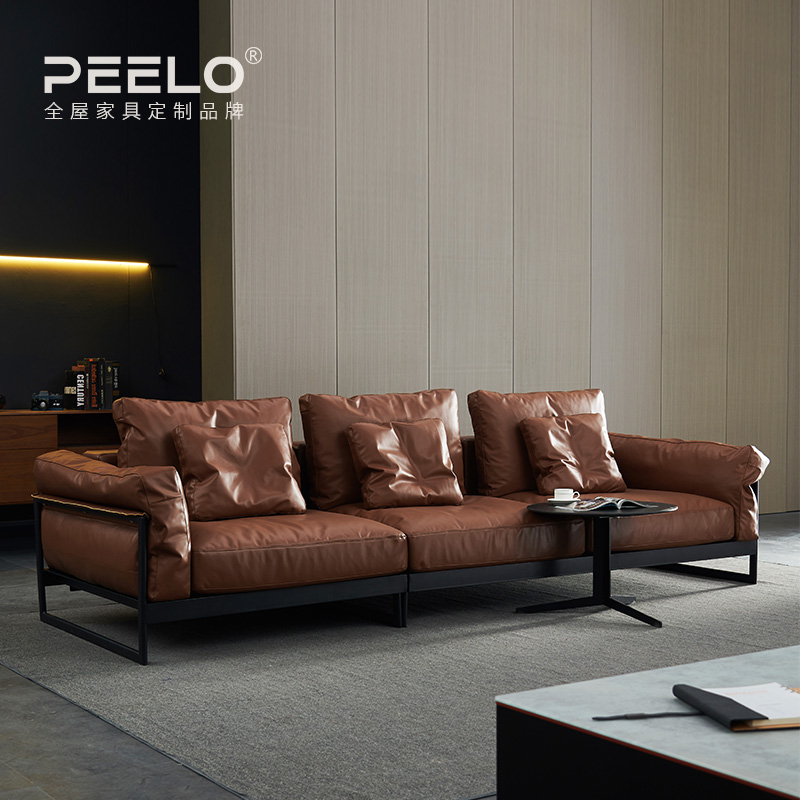 Full leather sofa four-person straight row industrial wind down filled Italian minimalist style super soft sofa