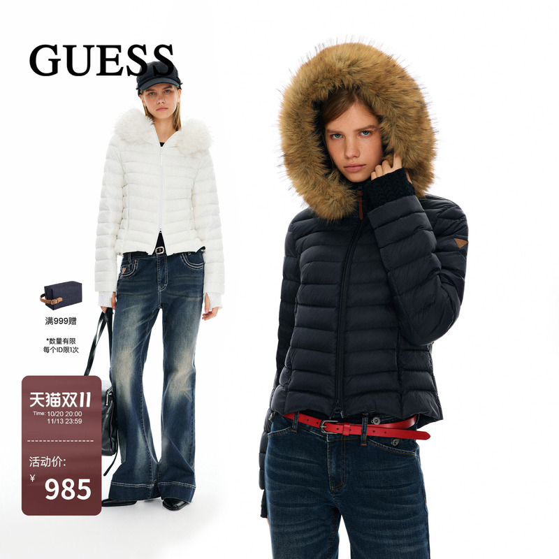 Guess `90 White Duck Down` Fur Collar down Jacket 2026 Winter Women's Slim Fit Lightweight High-End Coat