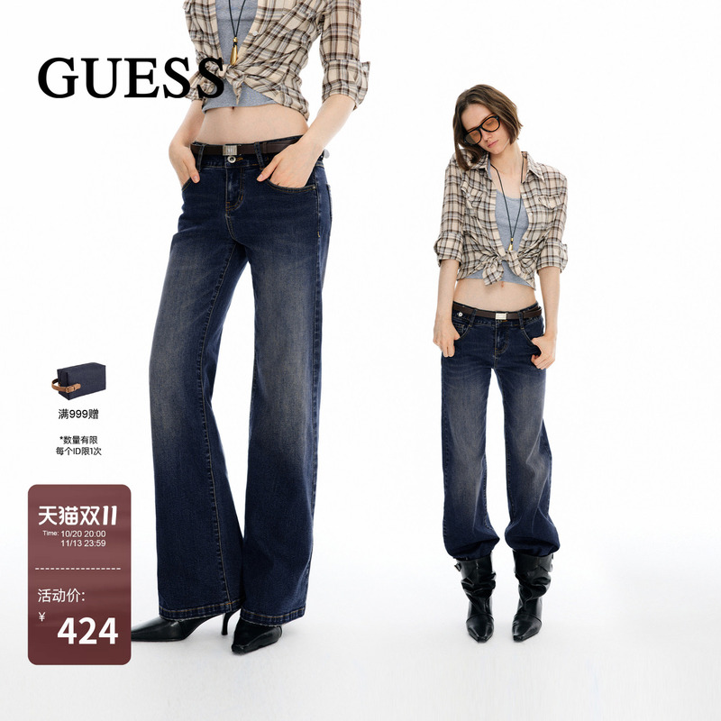 Guess Stretch Slim Fit Bootcut Pants 2026 Autum Women's Retro Distressed Denim Blue Low-Waist Jeans Xr03