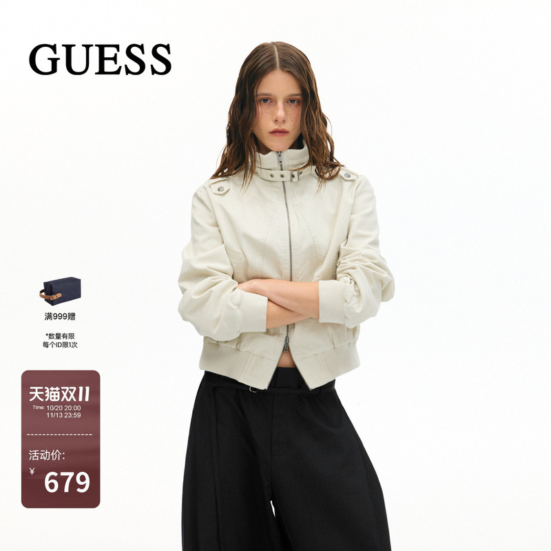 Guess Pure Cotton Short Work Jacket 2026 Autumn Women's Washed Vintage Structured Stand Collar Biker Jacket