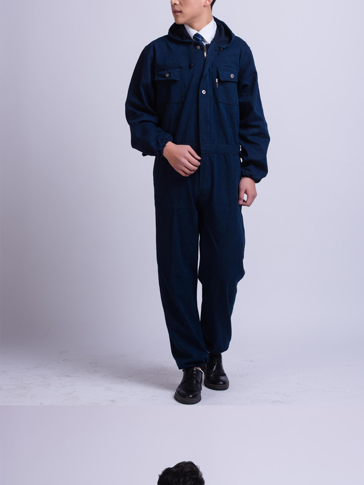 Kích thước lớn nam và nữ giặt denim màu xanh dòng jumpsuit trùm đầu bông dày thợ hàn sửa chữa máy mặc mặc quần đũi nam