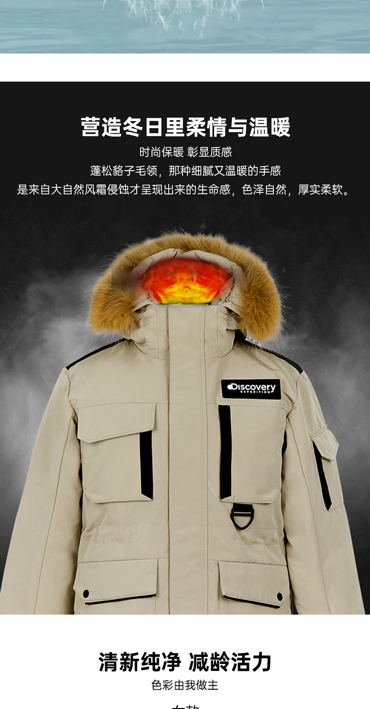 Discovery 男女款 时尚工装风 貉毛大领羽绒服 充绒量L码220g 图6