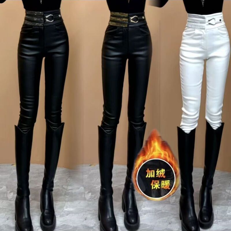 High-Waisted Embellished Skinny Pants with Rhinestones, Versatile Slim-Fit Fleece-Lined Thick Coated Leather Pants, Warm White Leather Pants, Long Pants for Women