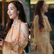 22 Xias new gold secretary why such a Park Minying star co-printed with printed broken shoulder one-piece dress