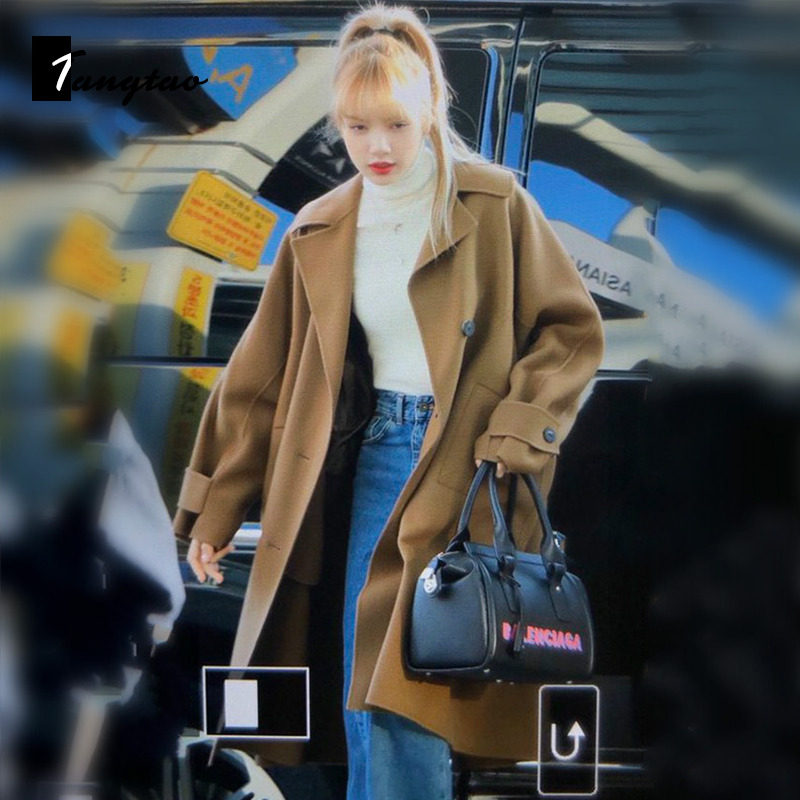 21 - winter new female Lisa star with loose cashmere coat brown medium - long - plate coat