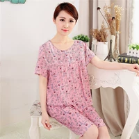 Mùa hè trung niên đồ ngủ của phụ nữ cotton lụa mẹ mỏng phần ngắn tay trung niên nhà quần áo cotton nhân tạo phù hợp với hai mảnh đồ bộ cát hàn