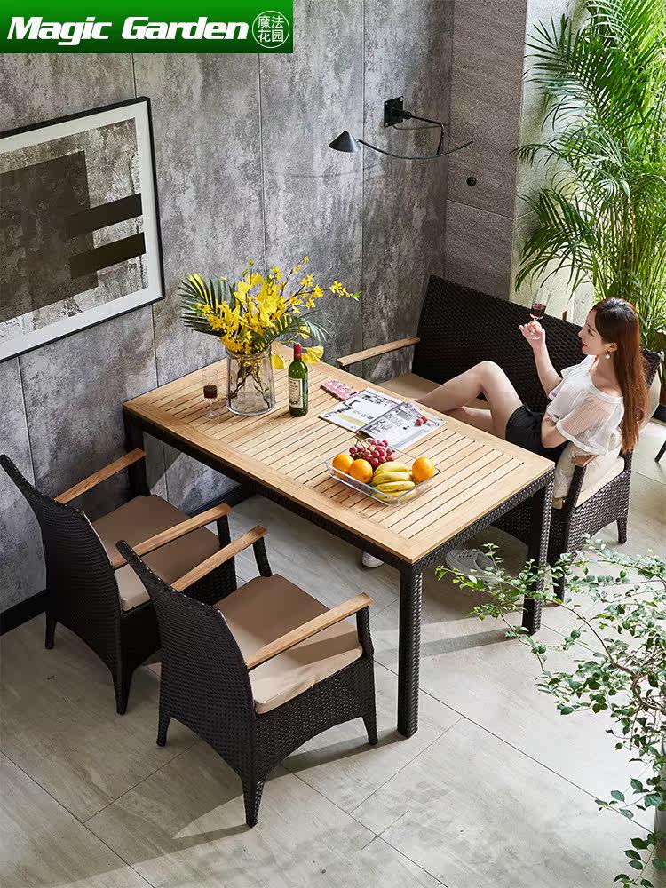 Outdoor rattan table and chair three-piece combination outdoor courtyard leisure teak dining table greenhouse living room balcony rattan chair