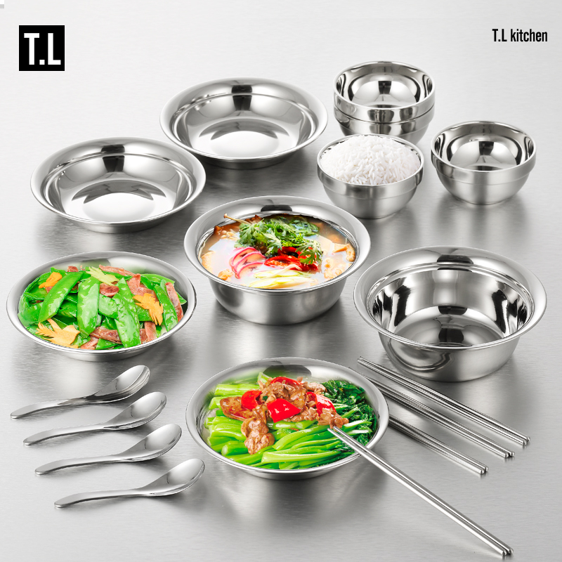Tilock thickened stainless steel tableware stainless steel plate set stainless steel bowl chopsticks bowl male double soup plate disc