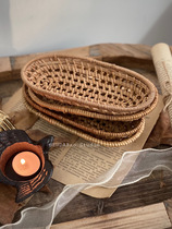 FUDABao | ins rattan woven tray oval storage basket vintage jewelry tableware weaving plate food posing props