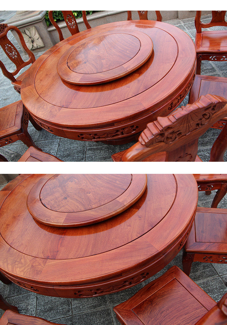 стол со стульями 红木餐桌圆形缅甸花梨木带转盘全实木饭桌椅组合中式客厅餐桌家具