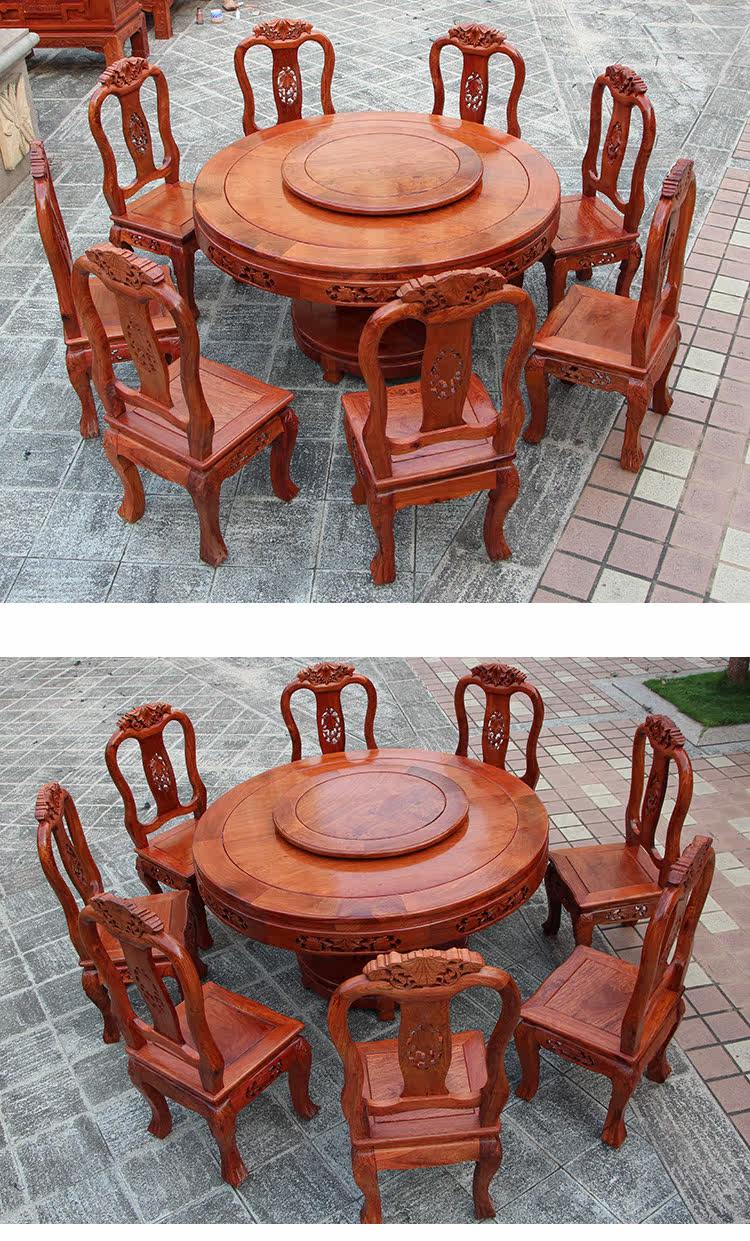 стол со стульями 红木餐桌圆形缅甸花梨木带转盘全实木饭桌椅组合中式客厅餐桌家具