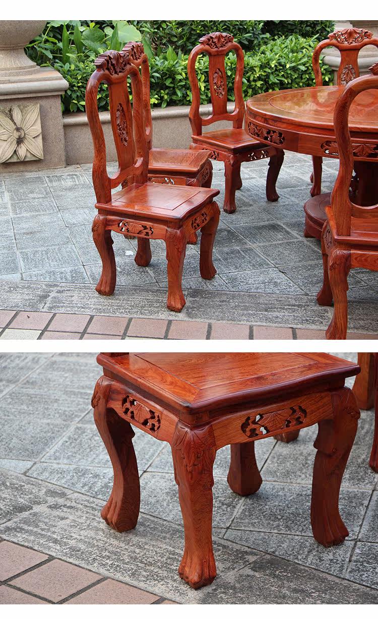 стол со стульями 红木餐桌圆形缅甸花梨木带转盘全实木饭桌椅组合中式客厅餐桌家具