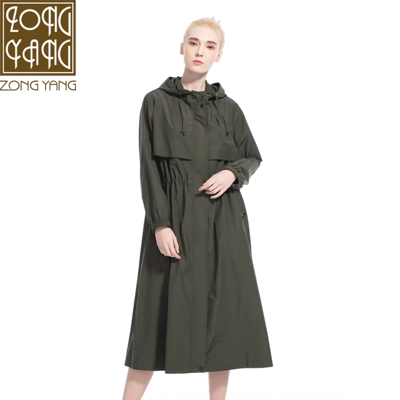 Zongyang Zongyang quần áo phụ nữ 2019 mùa xuân và mùa thu mặc áo khoác có dây kéo dây kéo có mũ trùm đầu áo khoác gió dài 5651 - Trench Coat