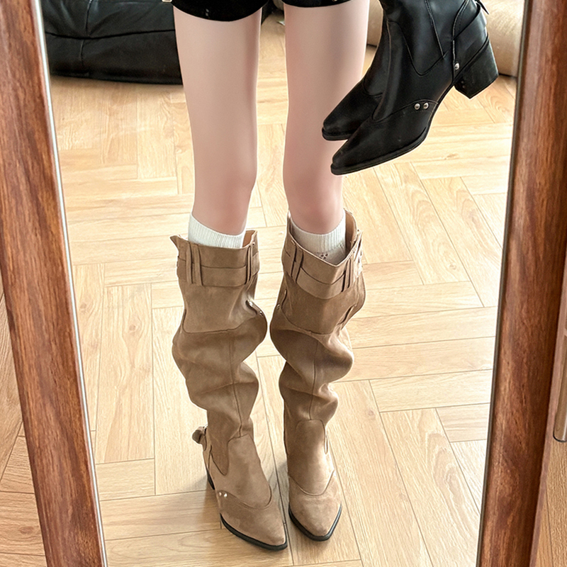 Fashionable Retro Style Pointed Toe High-Heeled Boots 2026 Autumn and Winter Western Cowboy Boots Thick-Heeled Long Boots for Women