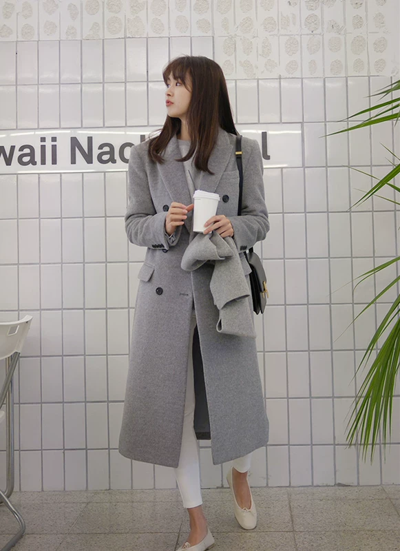 Chiếc áo khoác nữ dài qua đầu gối Mỏng đôi ngực phiên bản Hàn Quốc của chiếc áo len dày thắt lưng học sinh áo dạ lửng đẹp