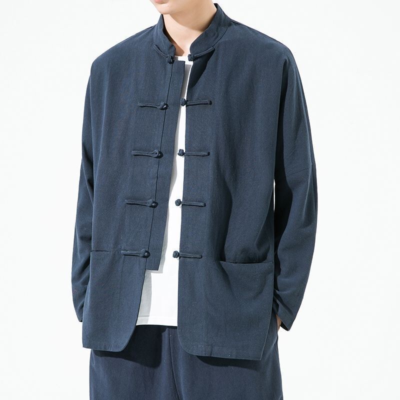 Spring and Autumn Cotton and Linen Vintage Casual Tang Suit Jacket Men's Double-Breasted Buttoned Tea Clothing Top Chinese Style Solid Color Zhongshan Suit